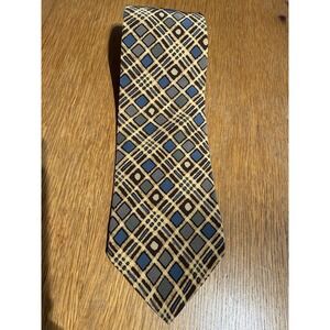 Brooks Brothers Makers Tie Silk USA Vintage Geometric Plaid Blue Tan 3.5"x 57.5"